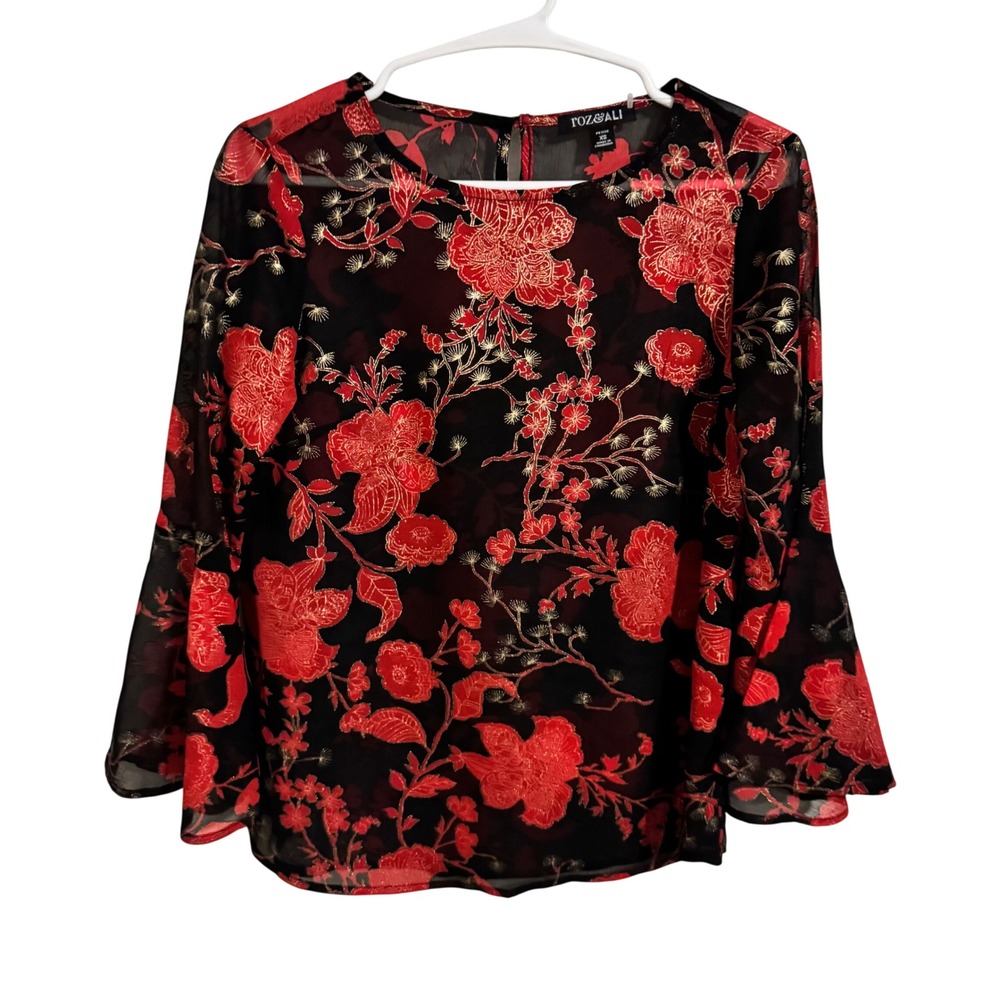 Roz & Ali Petite XS Red Gold Metallic Floral Sheer Bell Sleeve Blouse Black Top